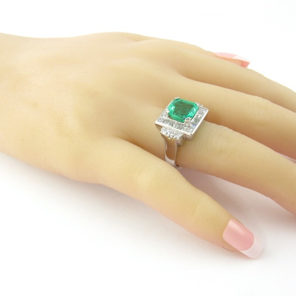 Vintage 17K and 14K White Gold Natural Square Emerald Diamond Ring #4856 - Picture 8 of 9